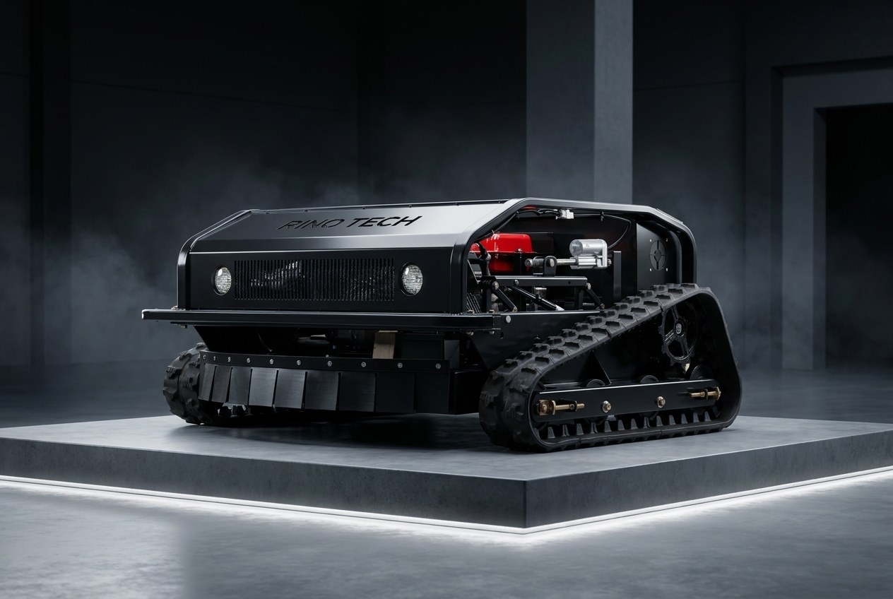 Industrial product photo of the Rino Tech RT1000 - PANTERA robot isolated and integrated into a dark burnt cement background