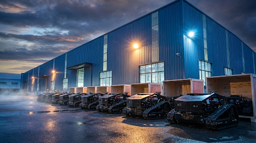 Frota de robôs Rino Tech alinhados em frente a um armazém industrial moderno ao entardecer.