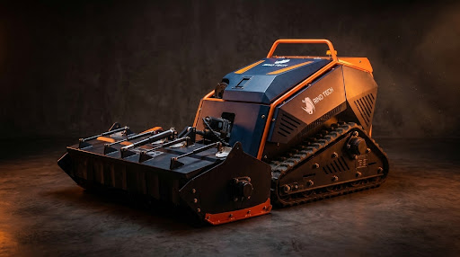 Industrial product photo of the Rino Tech RT1000 - PANTERA robot isolated and integrated into a dark burnt cement background