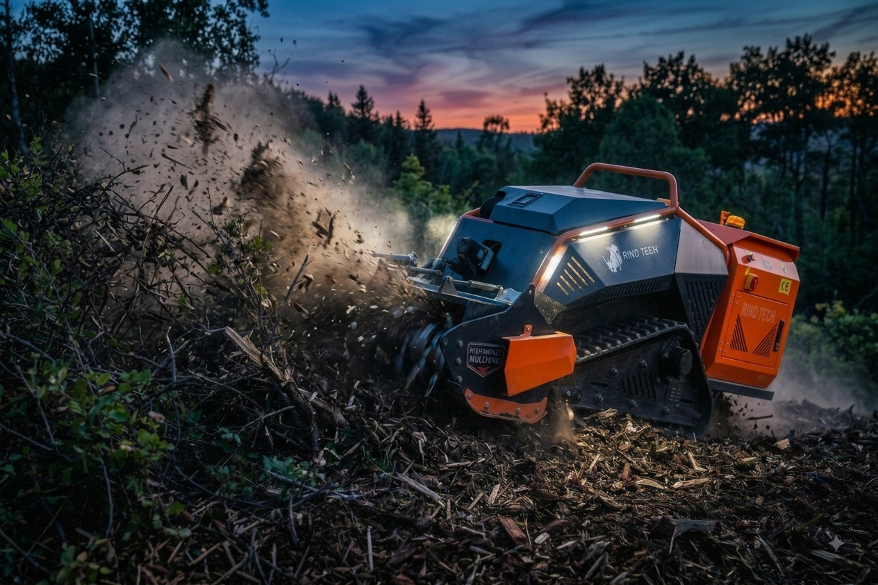 Foto industrial do RT1200 Rinoceronte triturando vegetação densa em campo aberto durante o pôr do sol